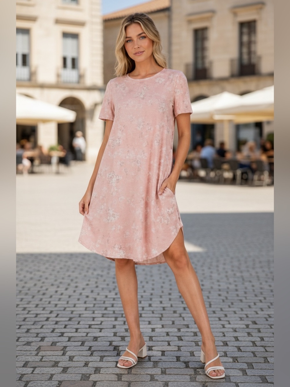 Chris & Carol Blush Pink Short-Sleeve White Floral Embroidered A-line Dress. NWT